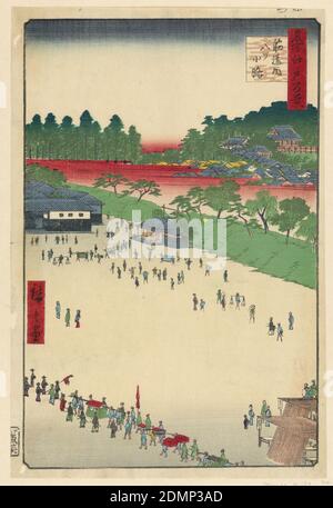 Yatsukoji Junction at Suji-chigai (Suji-chigai-uchi, Yatsukoji) aus der Serie hundert berühmte Ansichten von Edo, Ando Hiroshige, japanisch, 1797–1858, Holzblock-Druck in farbiger Tinte auf Papier, Yatsukoji ist, wo alle Straßen konvergierten. Von Uchikanda nach Sotokanda und Sudacho nach Shitaya wurden alle Tore geöffnet. Hier ist eine Prozession für das Kanda Festival. Die Parade führt durch das Takebashi-mon-Tor, das Tokiwabshi-mon-Tor und das Sujichgai-mon-Tor, um zum Kanda Myojin-Schrein zurückzukehren. Viele andere Menschen werden um den Schrein herum gesehen, um ihre Achtung zu zollen., Japan, 1857, Landschaften, Drucken Stockfoto