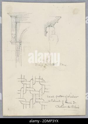 Architektonische Details aus dem Haus von Diane de Poiters, Arnold William Brunner, Amerikaner, 1857–1925, Graphit auf Papier, oben, Hausdetauils. Unten, Bleimuster des Fensters in der Château de Blois., USA, 1883, Architektur, Zeichnung Stockfoto