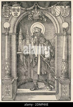 St. Sebaldus, Hans Springinklee, deutsch, 1490 - 1540, Albrecht Dürer, deutsch, 1471–1528, Holzschnitt und schwarze Tusche auf Papier, die Figur des St. Sebaldus steht in einer nach links gedrehten Nische. Er hält das Modell einer Kirche in seiner rechten Hand und einen Stab in seiner linken. Säulen, die von Globen übersät sind, flankieren die Nische. Vier Wappen oben., Deutschland, 1518, Abbildungen, Druck Stockfoto