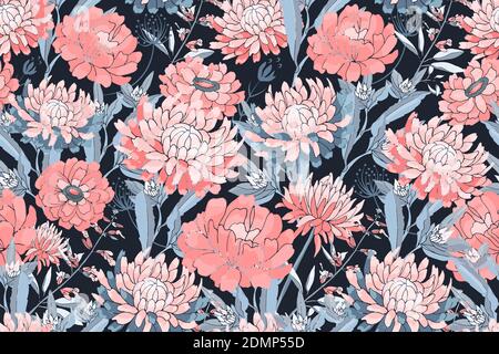 Vektor florale Nahtloses Muster. Rosa Astern, Chrysanthemen, Zinnien Stock Vektor