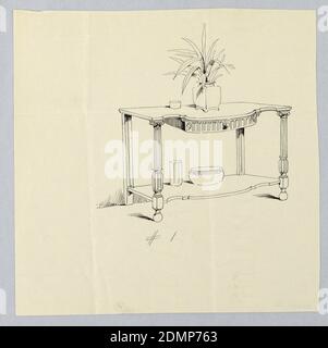 Design für Serviertisch mit Columnar Beine, A.N. Davenport Co., Graphit auf dünnem cremefarbenem Papier, Oblong-Tischplatte mit gewölbter Vorderseite und Einzelschublade; dekorative Motive von Akanthus-Blättern und -gadrooning; angehoben auf 2 frontalen ionischen Säulen geriffelte und gadroonierte Beine, die in Kugelfüßen enden; konformes unteres Regal wird knapp über dem Boden befestigt; Auf der Tischplatte quadratisches chinesisches Glas mit Pflanze darin und kleiner runder Schale links; auf unterem Regal runde Schale in der Mitte mit hoher facettierter Vase links., 1900–05, Möbel, Zeichnung Stockfoto