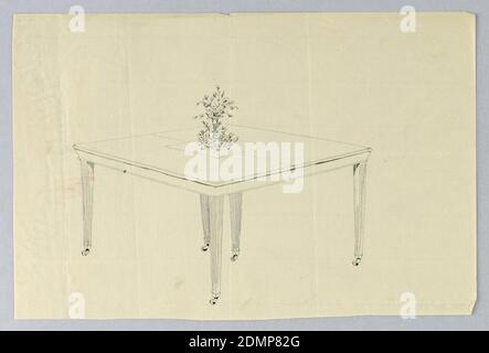 Design für einen sechseckigen rechteckigen Tisch mit einer Fower Vase, A.N. Davenport Co., Graphit auf dünnem, cremefarbenem Papier, rechteckige geformte Platte mit teilbarer Bahre in der Mitte, angehoben auf 6 spitz zurechtwinkligen Beinen auf Rollen - ein Paar auf beiden Seiten und ein Paar in der Mitte; in der Mitte der Tischplatte, Blumenvase auf Doiley., 1900–05, Möbel, Zeichnung Stockfoto