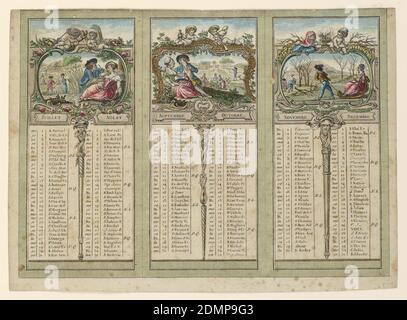 Almanac für 1789, Gravur, Pinsel und Aquarell auf Papier, Kalender für das zweite Halbjahr, mit drei scènes galantes; Ernte, Jahrgang, Schlittenparty., Frankreich, 1788, Print Stockfoto