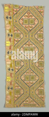 Border, Medium: Leinen, Seidentechnik: Leinwandbindung bestickt mit Schnittarbeit, Leinenborder Fragment mit Seidenstickerei und zurückgezogenen Elementen mit zwei breiten Serpentinen Linien, die Diamanten bilden. Beide Linien haben Nadelvlies-Füllstiche und bestickte Verzierungen. Jeder Diamant ist mit zwei kleinen Rechtecken gefüllt, die mit nadelgefertigten Füllstichen verziert sind. Die restliche Fläche ist mit geometrischen Stickereien in blau, rosa, gelb und weiß verziert., Spanien, 17. Jahrhundert, Stickereien & Nähte, Bordüre Stockfoto