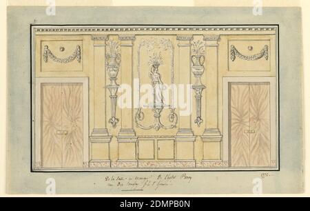 Erhebung der Eingangswand des Speisesaals, Hotel Paroy, Paris, Stift und Tinte, Pinsel und Aquarell, Graphit auf Papier, geschlossene Falttüren und Paneele mit Girlanden. Die zentrale Tafel zeigt ein Mädchen mit einem Blumenkranz auf dem Kopf und einem Kranz in der linken Hand., Frankreich, 1772, Zeichnung Stockfoto