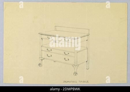 Design für Serviertisch mit vier Schubladen auf Kugel und Klaue Füße, A. N. Davenport Co., Graphit auf dünnem, cremefarbenem Papier, rechteckige Oberseite mit zwei Schubladen und Rücksplash über zwei Schubladen, vorne mit Kugelfüßen unterstützt., 1900–05, Möbel, Zeichnung Stockfoto