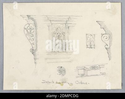 Architektonische Details aus House in Orléans, Arnold William Brunner, amerikanisch, 1857–1925, Graphit auf Papier, Tafel, Mitte, mit Zierleiste oben und unten. Wandprofile, rechts und links., USA, 1883, Architektur, Zeichnung Stockfoto