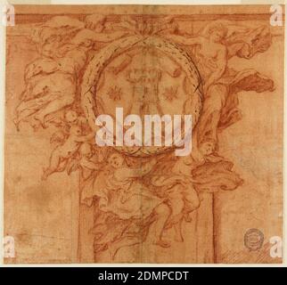 Projekt für eine Wanddekoration (Frauenfiguren und Putti-Trägermedaillon mit Wappen), Luca Giordano, italienisch, 1634 - 1705, roter Buntstift, gestanzt und gewaschen, Feder und Tusche auf Papier, vier Frauenfiguren mit fließenden Gewändern unterstützen das kreisförmige Medaillon in der Mitte. Zwei der Figuren sind unten, und zwei befinden sich auf beiden Seiten des Medaillons. Drei geflügelte Putten stützen das Medaillon auf der linken Seite. Auf dem Medaillon ist ein Turm zwischen zwei Sternen., Italien, ca. 1700, Ornament, Zeichnung Stockfoto