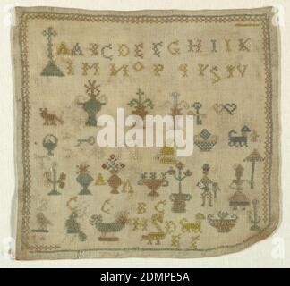 Sampler, Medium: Seidenstickerei, Leinenstifttechnik:, Alphabete, Vasen, Körbe, Vögel, Hunde, Menschen, Herzen und andere Designs. Eine Ecke ist in einer Kurve geschnitten., Italien, 19. Jahrhundert, Stickereien & Nähte, Sampler Stockfoto