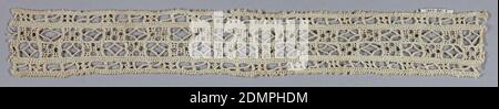 Fragment, Medium: linen Technique: grid of withdrawn element with needle lace, reticella style, Panel with a design of four narrow horizontal bands. Two middle bands have an alternating checkerboard and diamond pattern., Italy, 16th century, lace, Fragment Stock Photo