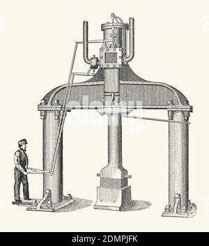 Eine alte Gravur des Hochrahmen-Dampfhammers aus dem 19. Jahrhundert. Es ist aus einem viktorianischen Maschinenbaubuch der 1880er Jahre. Ein Dampfhammer (oder Fallhammer) ist ein industrieller Dampfhammer, der für Aufgaben wie das Formen von Schmiedeteilen und das Anfahren von Stapeln verwendet wird. Der Hammer wird normalerweise an einem Kolben befestigt, der innerhalb eines festen Zylinders gleitet. Diese Version hat mehr als die üblichen Arbeitsraum um den Amboss. Das Konzept des Dampfhammers wurde 1784 von James Watt beschrieben, aber erst 1840 wurde der erste funktionierende Dampfhammer gebaut. Stockfoto