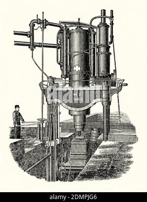 Eine alte Gravur eines Mannes, der eine hydraulische Presse zum Verdichten oder Verdichten von Stahl in den 1800er Jahren bediente. Es ist aus einem viktorianischen Maschinenbaubuch der 1880er Jahre. Geschmolzener Stahl läuft in die Barren ab. Diese wurden unter die Presse gelegt und konnten mit Gewalt verdichtet werden, um scharfe Gussteile zu gewährleisten, in diesem Fall bei der Herstellung von Stahlrädern. Die hydraulische Presse wurde 1770 vom englischen Industriellen Joseph Bramah (1749-1814) erfunden. Entwickelt wurde es unter anderem von Sir Joseph Whitworth (1803 –1887), einem weiteren englischen Ingenieur, der einen britischen Standard für Schraubgewinde entwickelte. Stockfoto