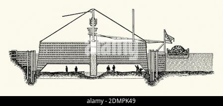 Eine alte Gravur eines pneumatischen Caissons, der Anfang der 1870er Jahre für den Bau der Pfeiler für die Brooklyn Bridge, New York, USA benötigt wurde. Es ist aus einem viktorianischen Buch der 1880er Jahre. Die Brücke wurde 1883 eröffnet und war die erste feste Überquerung des East River. Pneumatische Caissons (Pressurized Caissons), die weichen Schlamm durchdringen, sind bodenlose Holzkisten, gefüllt mit Druckluft, um Wasser und Schlamm aus. Arbeiter transportieren Schutt (Dreck) von einer Grube, die durch ein Drehrohr mit der Oberfläche verbunden ist. Ein Kran entfernt diesen mit Eimer, der von einem Lastkahn weggenommen werden soll (rechts). Stockfoto