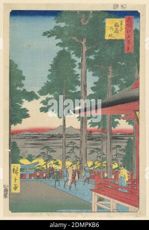 Inari Schrein in Oji (Oji Inari no yashiro) aus der Serie hundert berühmte Ansichten von Edo, Ando Hiroshige, japanisch, 1797–1858, Holzschnitt in farbiger Tinte auf Papier, der Oji Inari Schrein war der älteste Schrein im Kanto Bezirk. Das Dorf Oji widmete den Schrein der Reisgottheit Inari. Jeden Herbst besuchten Bauern und Pilger, um eine gute Ernte zu ehren. Während des neuen Jahres wünschen sie sich Gesundheit und Wohlstand. Inari war eine der beliebtesten Gottheiten. Seine Heiligtümer wurden oft von einem Paar Füchse bewacht, (kitsune) Stockfoto