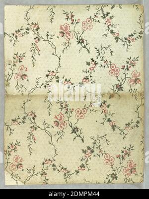 Seitenwand, maschinenbedruckt, kleinformatiges florales Grün und Rosa auf weiß-lila Punktfüllung., USA, 1850–1900, Wallcoverings, Sidewall Stockfoto