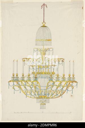 Design für einen Kronleuchter, Pinsel und Aquarell, Stift und schwarze Tinte, Graphit auf Papier, Design für einen Kronleuchter, wie in 1938-88-727. Glasketten und -Tropfen werden oben in Form eines Baldachins befestigt. Eine Reihe von achtzehn Kerzen (zehn sind abgebildet). Sie kleben in Sockeln, die von den Köpfen der Adler, die an den Enden der Rollen, die aus dem nächsten bis zum letzten Ring steigen unterstützt werden. Glasketten und Tropfen. Unten skalieren. Spuren einer Bildunterschrift wie in 1938-88-725., Österreich, ca. 1830, Beleuchtung, Zeichnung Stockfoto