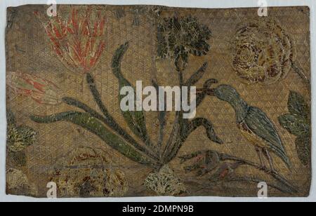 Sidewall, leather, stamped, embossed, painted, gilt, Gilded field, diapered, tulips, carnation, roses, with a bird. Red, green, brown., Flanders, 1700, Wallcoverings, Sidewall Stock Photo