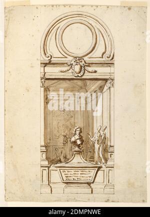 Design for a Sepulchral Monument, Antonio Gherardi, 1644–1702, Stift und braune Tinte, Pinsel und braune Wäsche, schwarze Kreide auf cremefarbenem Papier, vertikales Rechteck. Eingerahmt von architektonischen Motiven. Unten ist ein Dado mit einem Sarkophag in der Mitte. Die Büste eines Mannes ist schräg oben angeordnet. Die Feier der Messe wird als Hintergrund dargestellt, wahrscheinlich dazu bestimmt, gemalt zu werden. Oben ist eine Enablatur mit einem Escutcheon und einem oculus, eingerahmt von Schriftrollen., Italien, ca. 1675, Zeichnung Stockfoto