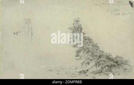 Immergrüner Baum nahe der Küste mit einem Detail des Leuchtturms und eines Hauses, Mount Desert, Maine, Frederic Edwin Church, amerikanisch, 1826–1900, Schwarz-Weiß-Buntstift auf hellem olivischem Papier, Horizontale Ansicht der Darstellung auf der rechten Hälfte eines immergrünen gezeigt schräg wachsend nahe dem Ufer des Meeres mit einer Wohnung und einem Leuchtturm vertikal in der Mitte links gezeigt., Maine, USA, Juli 1850, Naturstudien, Zeichnung Stockfoto
