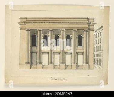 Elevation of the Théatre Royal des Italiens, Paris, Cesare Recanatini, Italian, 1823–1893, Stift und Tinte mit Grau und Sepia wäscht auf cremefarbenem Papier, Horizontales Rechteck. Zweigeschossiger Bau mit einem sechssäulenigen ionischen Portikus von doppeltem Auftrag, der die gesamte Länge der Fassade durchläuft., Italien, ca. 1850, Architektur, Zeichnung Stockfoto