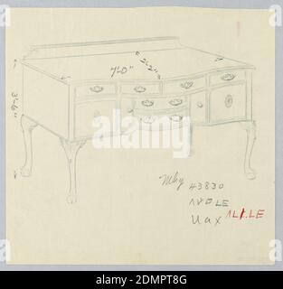 Design für Sideboard mit Serpentine Front und Ball und Krallen Füße, A. N. Davenport Co., Graphit auf dünnem cremefarbenem Papier, Oblong-Sideboard mit vier rollenden Kugel- und Klauenbeinen, die mit Akanthus-Blättern an den Spitzen verziert sind; Serpentine Tri-partite Front hat vier übereinstimmende Schubladen; Eingelassene zentrale Frontteil hat zwei weitere Schubladen mit Tür auf beiden Seiten, flankiert von zwei großen Türen mit Patera-Medaillons verziert; niedrige backsplash., 1900–05, Möbel, Zeichnung Stockfoto