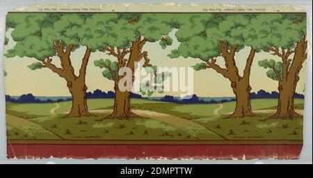 Frieze, Gledhill Wall Paper Co., New York, New York, founded 1900, Machine-printed, distemper colors, Landscape frieze; Flat meadow with hills in far distance; repeating pair of oak trees in foreground. Stamped on upper margin: Gledhill Wall Paper Company. New York, N.Y.; on reverse: Frieze No. 1242 AA/ 30 Inch Ingrains. --WR, New York, USA, 1900–05, Wallcoverings, Frieze Stockfoto