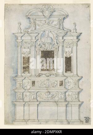 Entwurf für ein Grabmal-Wanddenkmal, Feder und braune Tusche mit blauer WASH auf Pergament, zwei reich verzierte Grundteile über einem Dado. Zu ihren Dekorationen gehören grassierende Löwen und Fleur de lys. Der Hauptteil hat einen dreieckigen Giebel und enthält eine Inschrift Tablette unter dem Porträt Büste eines Mitglieds des Klerus. Seitlich sind mehr Aufschriften Tafeln. Ein gebrochener Giebel mit einem Escutcheon in der Mitte, an der oberen Ecke., Italien, ca. 1600–30, Architektur, Innenräume, Zeichnung Stockfoto