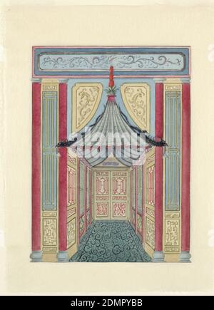 Entwurf für einen Durchgang mit Vordach, für Royal Pavilion, Brighton, Frederick Crace, Englisch, 1779–1859, Stift und schwarze und gelb-grüne Tinte, Pinsel und Aquarell auf weißem Gewebspapier, Silhouetten, perspektivische Ansicht eines schmalen Korridors, mit einem Eingang am anderen Ende. Im Vordergrund, Die Wand, die zum Bereich führt, hat ein Pagodenähnliches Baldachin über dem Eingang. Auf beiden Seiten der Tür ist ein Paar von Säulen mit Spalier-Arbeit Paneele zwischen ihnen. Die Wände des Korridors und der Türen sind mit Gittertafeln überdeckt. Die sehr aufwendigen und hoch gearbeiteten Designs erscheinen sowohl an den Wänden als auch auf dem Teppich. Stockfoto