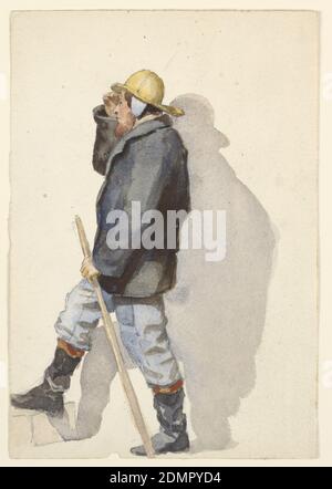 The Lookout, Samuel Colman, Amerikaner, 1832–1920, Pinsel und Aquarell, Gouache, Graphit auf kaltgepresstem Papier, EIN schwer bekleideter Fischer ist in nach links gedrehtem Profil dargestellt, hält seine rechte Hand über die Augen und einen Stock in der linken Hand. Rechter Fuß auf Schritt. Er wirft einen Schatten., USA, 1860–70, Figuren, Zeichnung Stockfoto