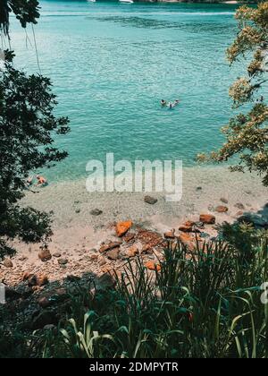 Eine vertikale Aufnahme von ruhigem klarem Meerwasser und einem tropischen Sandige Küste von üppiger Vegetation bedeckt Stockfoto