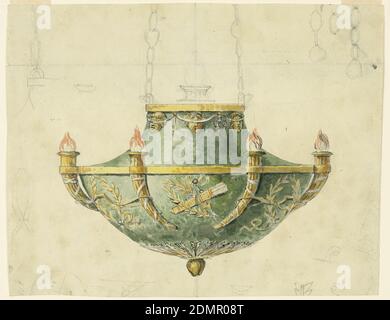 Design für eine Öl brennende Pendelleuchte, Graphit, Stift und Tinte, Pinsel und Aquarell auf Papier; Rückseite: Graphit, Horizontales Rechteck. Design für eine Öl brennende Pendelleuchte, der obere Teil nur teilweise mit Graphitumrissen veredelt. Der untere Teil der Schale ist eine halbe Kugel mit einem goldenen Band darüber. An der Schale befestigt sind Hörner mit Flammen, vier in der Höhe sichtbar, die jeweils paarweise durch goldene Hörner verbunden sind, die horizontal über Lorbeerkränze liegen. In der Mitte hängt ein Köcher, der im Abstand zwischen den Hörnern, die nicht miteinander verbunden sind, von einem ähnlichen Kranz überragt wird. Stockfoto