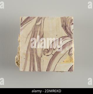 Wandverkleidungen, verzinntes Steingut, Unterglasur, zwei vertikale Rechtecke, 23 Kacheln hoch. A) neun Steine oben breit, sieben Steine unten breit. B) zehn und eineinhalb Fliesen breit., Arabesque Design von Laub. A) mit zentrierter Figur der Gerechtigkeit unter einem Baldachin. B) mit zentrierter Urne., evtl. Delft, Niederlande, evtl. Rotterdam, Holland, ca. 1725, Fliesen, Dekorative Kunst, Wandverkleidungen Stockfoto