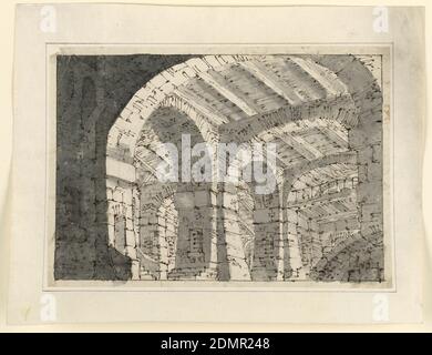 Bühnenbild, Gefängniskeller, Stift und braune Tinte, Pinsel und Grauwäsche, Graphit auf Webe-Papier, abgelegt, Horizontales Rechteck. Keller mit enormer Unterkonstruktion und Balkendach, möglicherweise ein Gefängnis., Italien, 18. Jahrhundert, Theater, Zeichnung Stockfoto