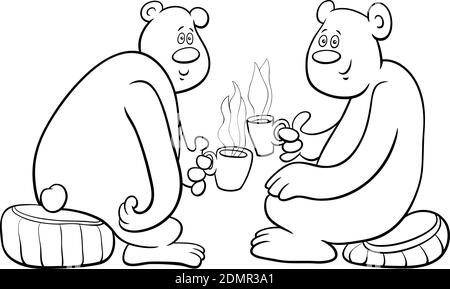 Black and white cartoon illustration of two bears comic animal characters drinking tea coloring book page Stock Vector