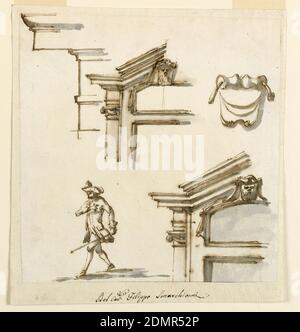 Architekturdetails und Figurenstudie, Filippo Marchionni, italienisch, 1732–1805, Stift und Tusche, Pinsel und graues Aquarell auf Büttenpapier, obere Reihe: Linke Ecke einer Entablatur. Linke obere Seite eines Türgehäuses; eine Konsole. Über dem Türrahmen wird ein längliches sechseckiges Fenster vorgeschlagen. Darüber befindet sich eine Konsole mit einer Maske. Die obere Entablatur ist winklig gebrochen; an der Ecke durch eine Säule gestützt. Untere Reihe: Mann mit Gehstock nach links; Variante des Türgehäuses., Italien, 1760–75, Architektur, Zeichnung Stockfoto