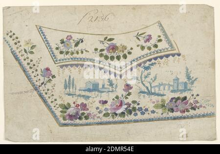 Design for Embroidery, Gentleman's Weste Pocket, Fabrique de Saint Ruf, Lyon, Frankreich, Pinsel und Gouache, Aquarell und Graphit auf cremefarbenem Papier, Stickerei-Design für Weste oder Weste mit olivfarbenen Rändern mit Reihen von blauen Perlen innen. Die Lasche der Tasche zeigt zwei Blüten in der Mitte und links und eine einzelne Blume rechts. Die Flap-Blüten sind auf gebogenen Ästen von grünen Blättern positioniert. Über dem unteren Rand der Weste sind Blütenzweige abgebildet. Es erscheinen ein welliger Laubbough und zwei schräg angeordnete Blüten Stockfoto