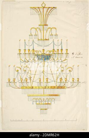 Design für einen Kronleuchter, Stift und schwarze Tinte, Pinsel und gelb-braun, grün-blau Aquarell, Graphit auf Papier, Vertikal Rechteck. Design für einen Kronleuchter. Unten sind vier Metallringe mit zunehmendem Durchmesser, jeweils mit Glastropfen. Der vierte Ring von unten ist der größte; an ihm sind acht Armpaare befestigt - fünf sind abgebildet -, die den Sockel für die brennenden Kerzen stützen. Darüber befindet sich ein kleinerer Ring, der den Rand einer Diamantglasschale bildet. An ihm sind sechzehn Arme befestigt - acht sind dargestellt, die Sockel unterstützen, in denen abwechselnd Glas und brennende Kerzen kleben. Stockfoto