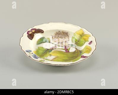 Hans Sloane' Plate, Chelsea Porzellan Manufaktur, englisch, gegründet ca. 1743/45, Georg Dionysius Ehret, deutsch, 1708 - 1770, Weichporzellan, Glaskeramik, EIN Teller mit gewelltem, braunem Rand, bemalt mit Tulpenbaum (Liriodendron), Blüten und Blättern, und verschiedenen Insekten., England, 1753–1756, Keramik, Dekorative Kunst, Teller, Teller Stockfoto