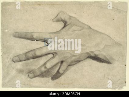 Studie einer Hand, Leon Dabo, Amerikaner, 1868–1960, Kohle auf cremefarbenem Papier, Studie der linken Hand eines Mannes, leicht geballt mit Sehnen und Adern sichtbar., USA, 1881–92, Figuren, Zeichnung Stockfoto