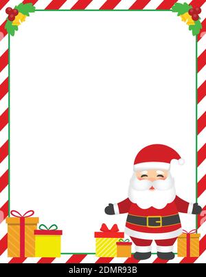 Weihnachtsmann mit Geschenken Vektor Illustration. Weihnachtskarte Design mit Zuckerrohr Grenze. Stock Vektor