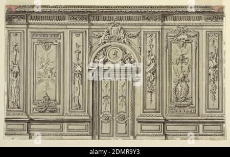 Die Erhebung der Eingangswand eines Salon mit alternativen Vorschlägen, Jean-Charles Delafosse, französisch, 1734–1791, Stift und schwarze Tinte, Pinsel und Grauwäsche mit rotem Buntstift auf cremefarbenem Papier, Falttür in gewölbtem Türrahmen, in der Mitte. Attribute der Künste und Hymen. Seitlich sind Wandpaneele zwischen Pilastern. Links und rechts werden verschiedene Vorschläge für ihre Dekoration gemacht. Der Vorschlag links zeigt Putti, ein Genie und ein Mädchen, das Gefäße unterstützt. Rechts: Die Trophäen der Attribute der Künste und das Kandelabrum-Schema mit dem Zensor. Stockfoto