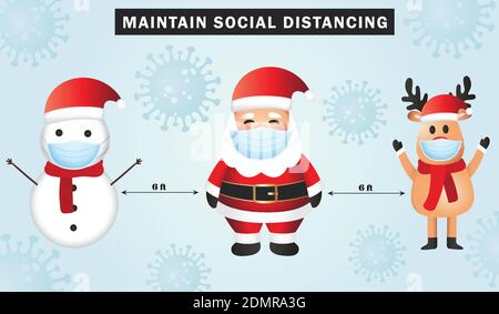 Social Distancing Concept Vektor Illustration. Weihnachtsmann Mit Maske. Weihnachtsmann, Rentier und Schneemann. Coronavirus-Vektor. Stock Vektor