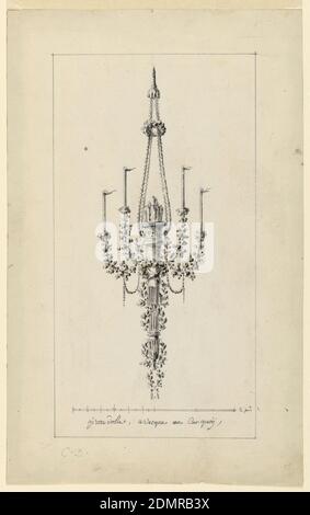 Entwurf für einen Kronleuchter, Richard de Lalonde, französisch, aktiv 1780–96, Stift und schwarze Tinte, Pinsel und Wäsche auf cremefarbenem Papier, Mittelelement besteht aus einem Köcher gefüllt mit Pfeilen, die von vier Seilen unterstützt werden. Vier Arme, mit fliessenden Kerzen, sind mit Blumenbüscheln und einer Girlande verziert. Um den Köcher herum sind Blütenstände verschlungen. Maßstab unten, in schwarzer Tinte: 2 Blätter., Frankreich, 1780, Beleuchtung, Zeichnung Stockfoto