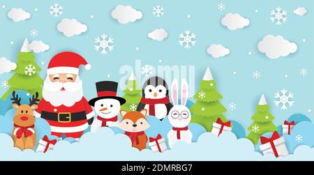 Christmas Background Vector Illustration. Santa Claus, Reindeer, Penguin, Snowman, Rabbit And Fox Vector. Winter Wonder Land Background. Stock Vector