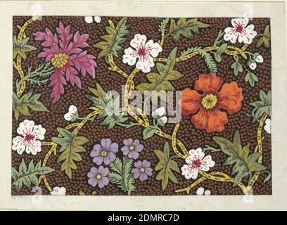 Blumenmuster für bedruckte Textilien, Louis-Albert DuBois, Schweizer, 1752–1818, Pinsel und Gouache, Graphit auf weißem Webpapier, Orange, lila, rosa und weiße Blüten auf gepunktetem braunen und schwarzen Grund., Frankreich, 1800–1818, Textildesigns, Zeichnung Stockfoto