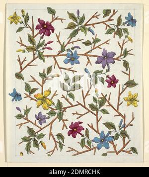 Florales Design für bedruckte Textilien, Louis-Albert DuBois, Swiss, 1752–1818, Pinsel und Gouache, Graphit auf weißem Webpapier, mehrfarbige pansey-ähnliche Blumen, grüne Blätter auf Bambuszweigen. Linierte Graphitbordüre., Frankreich, 1800–1818, Textildesigns, Zeichnung Stockfoto
