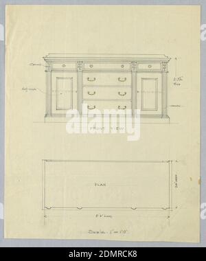 Höhe und Plan für Sideboard mit Reeded Pilasters, A.N. Davenport Co., Graphit und gelber Bleistift auf dünnem cremefarbenen Papier, Elevation: Vorderseite des Sideboards mit dreiteiliger Front, geteilt durch vier gezähnte Pilasters; zentrale Front hat vier horizontale Schubladen mit C-förmigen Griffen in gelbem Bleistift; Seitenabschnitte haben jeweils einen geschlossenen Schrank mit einer Schublade; Geringer Rücksplash., 1900–05, Möbel, Zeichnung Stockfoto