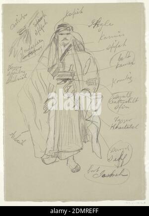Arabian man, Frederic Edwin Church, American, 1826–1900, Graphit, Pinsel und weiße Gouache auf braunem Papier, vertikales Rechteck. Ganzfigur eines arabischen Mannes, mit Motiven seines Kostüms, in Englisch und Arabisch, links und rechts eingeschrieben., USA, wohl Februar 1868, Figuren, Zeichnung Stockfoto