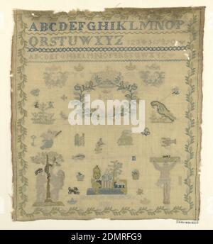 Sampler, Medium: silk embroidery, wool foundation Technique: tent and cross stitches on plain weave, Alphabets, numerals, wreaths with initials, birds, animals, and three scenes — the Garden of Eden, Crucifixion, and a landscape of a woman with animals., Europe, December 7, 1832, embroidery & stitching, Sampler Stock Photo