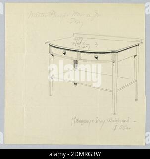 Design für Mahagoni und Inlay Sideboard, A.N. Davenport Co., Pen und schwarze Tinte und Graphit auf dünnem cremefarbenen Papier, schmales rechteckiges Sideboard mit leicht konvexer Front auf schmalen geraden, spitz zugewandten Beinen; zwei Schubladen im Mittelteil, jeweils mit einfachem runden Zug; Backsplash; rechteckiges Regal unter Schränken in der Mitte der Beine., 1900–05, Möbel, Zeichnung Stockfoto